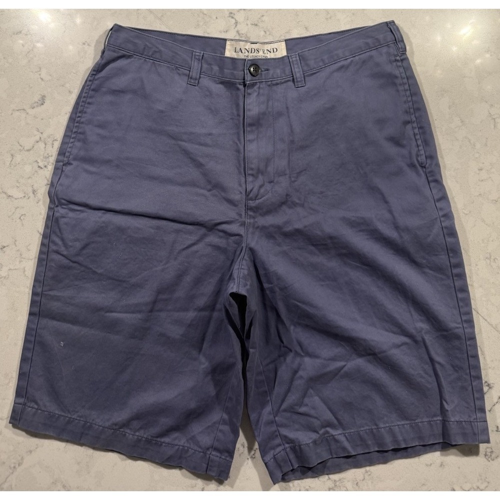 Lands' End Chino Shorts Mens 34 Blue Flat Front Cotton Comfort Preppy Casual